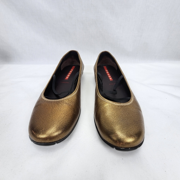 Prada Bronze Leather Elastic Band Flat Shoes Prada Size 37.5 US 7.5 - Picture 2 of 11